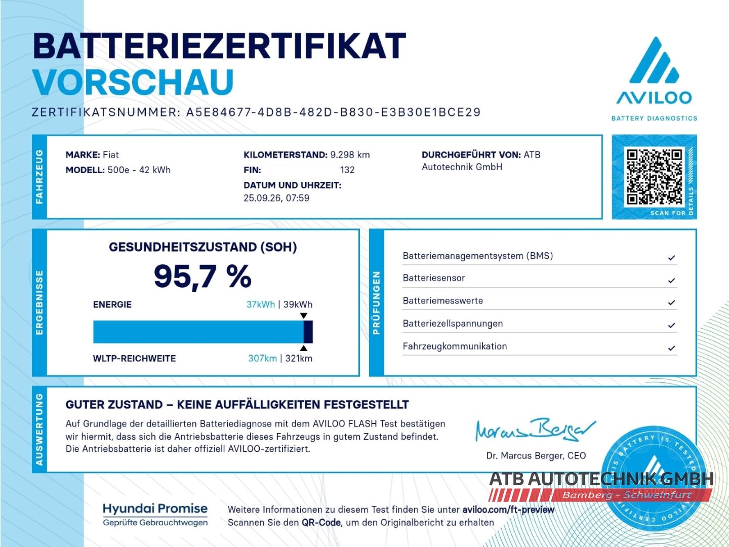 Fahrzeugabbildung Fiat 500e Cabrio 42kWh SOH 95,7% Komfort- und Stylepa