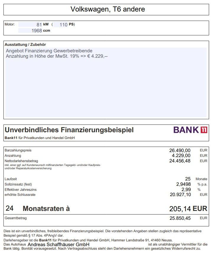 Fahrzeugabbildung Volkswagen T6 Transporter NAVI AHK KLIMA