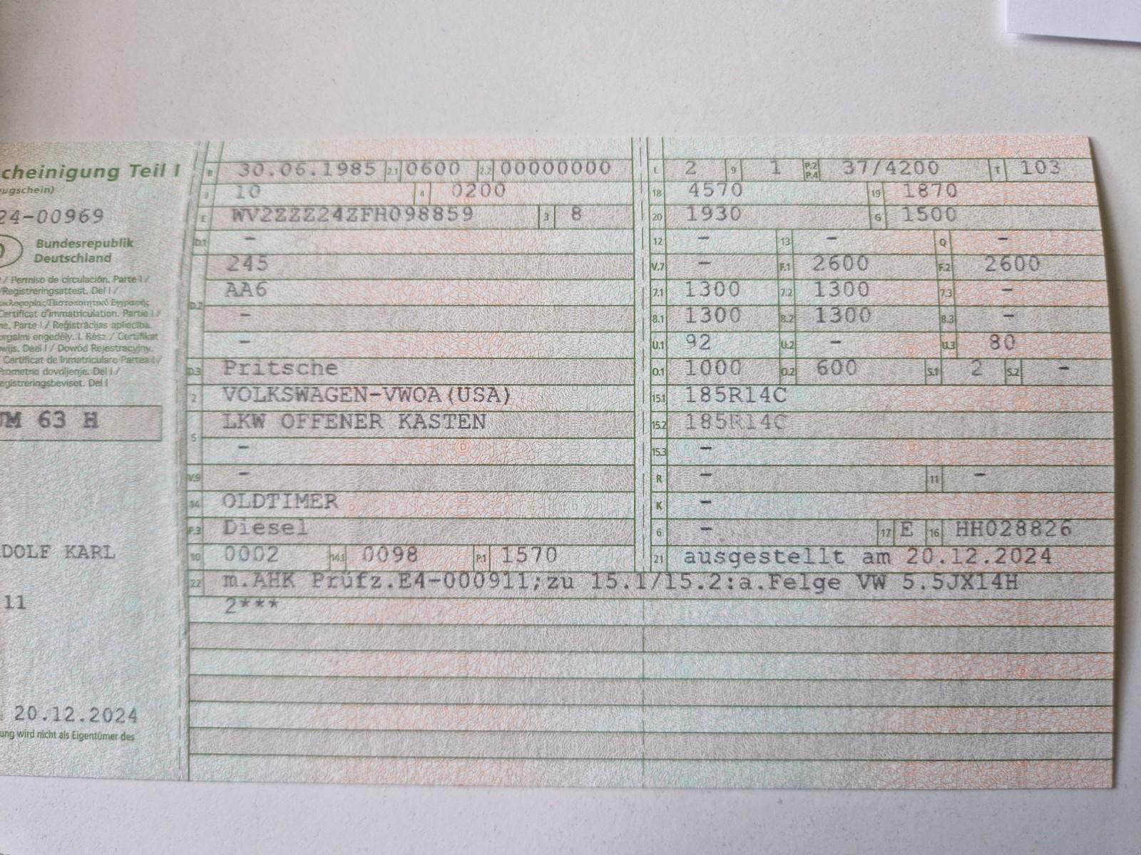 Volkswagen T3 1.6D PRiTSCHE H-ZULASSUNG TÜV NEU 05/2028