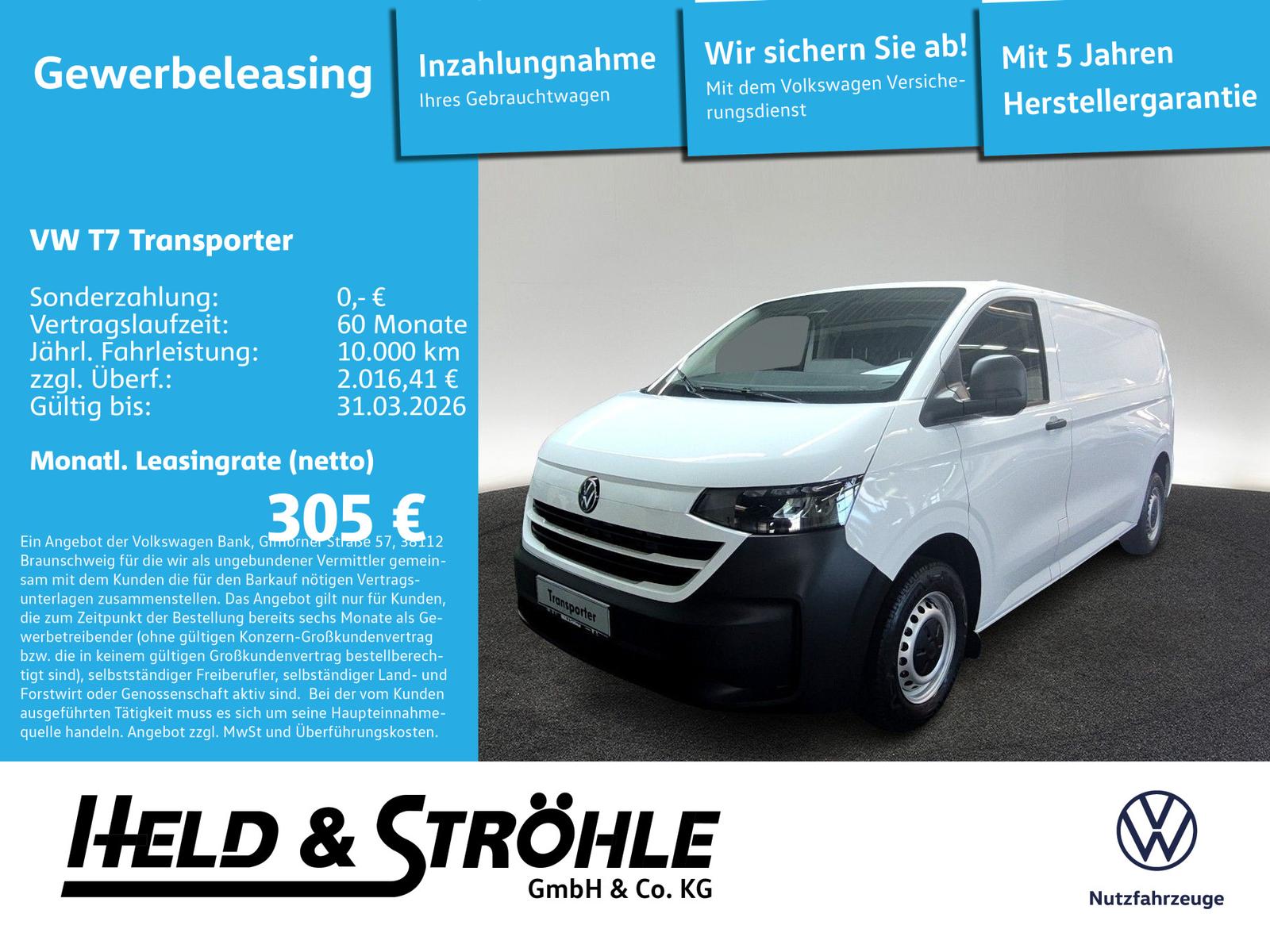 Volkswagen T7 Transporter Kasten 2.0 TDI LR AHK-VORB. KLIMA