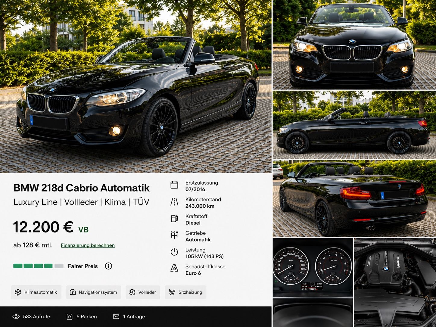 BMW 218D Cabrio, Automatik, Vollleder, Klima, Tüv