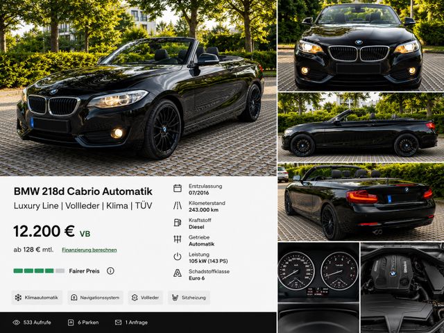 BMW 218D Cabrio, Automatik, Vollleder, Klima, Tüv