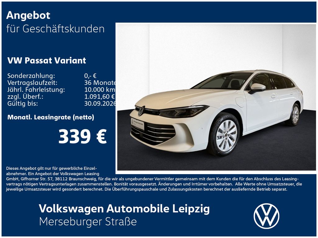 Abbildung Leasingangebot Volkswagen Passat Business 1.5 TSI eHybrid 110 kW IQ.LIGHT