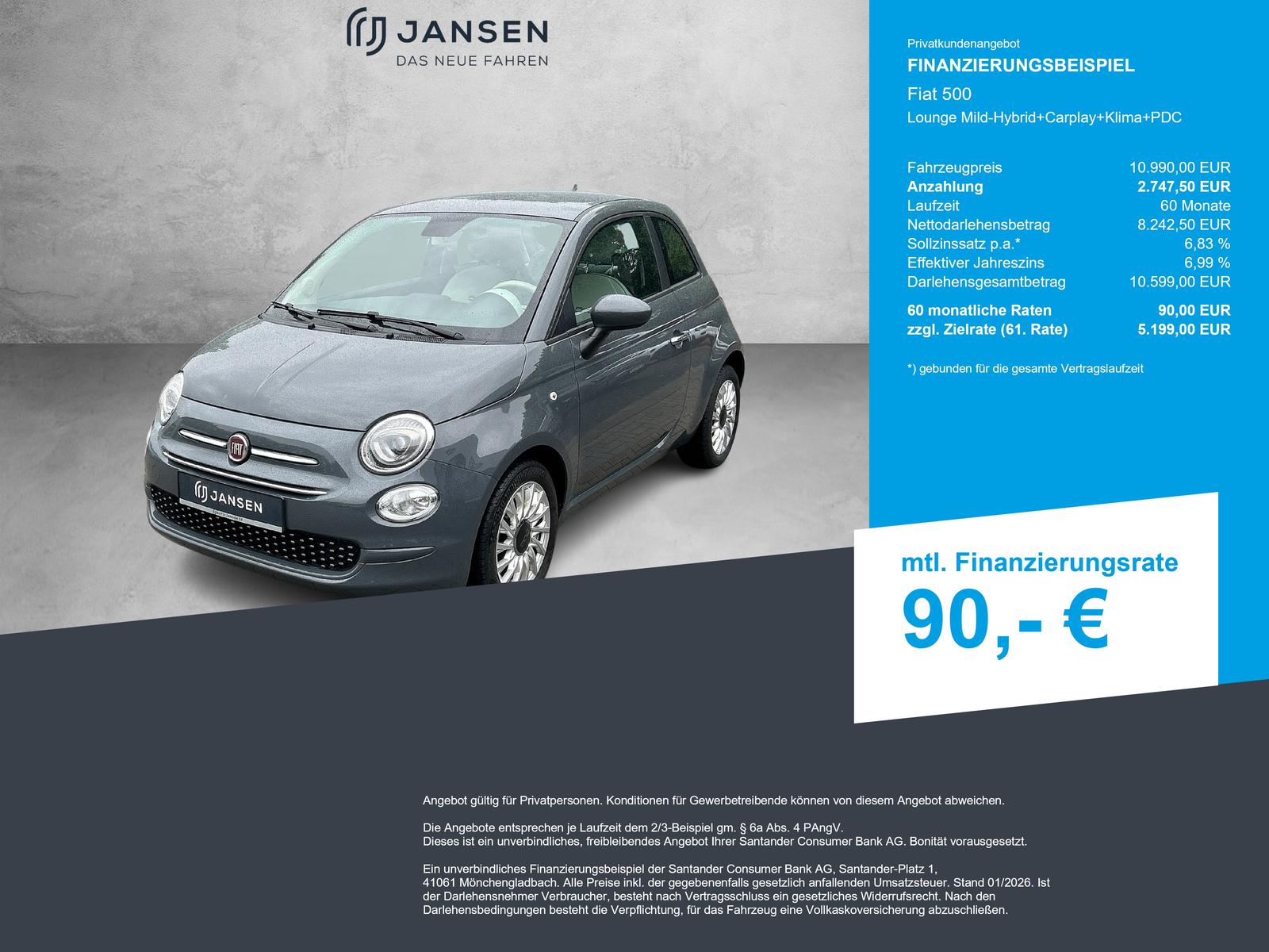 Fiat 500 Lounge Mild-Hybrid+Carplay+Klima+PDC