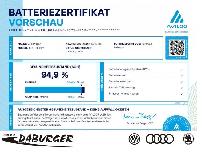 VW ID.3 Pro 62kW AHK Kamera+Head-up+Sitzhzng+94,9%