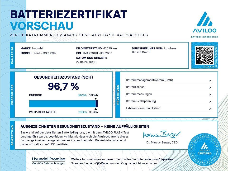 Fahrzeugabbildung Hyundai KONA EV 39kWh SELECT EFFI-P GAR-3/2031 SOH-96,7%