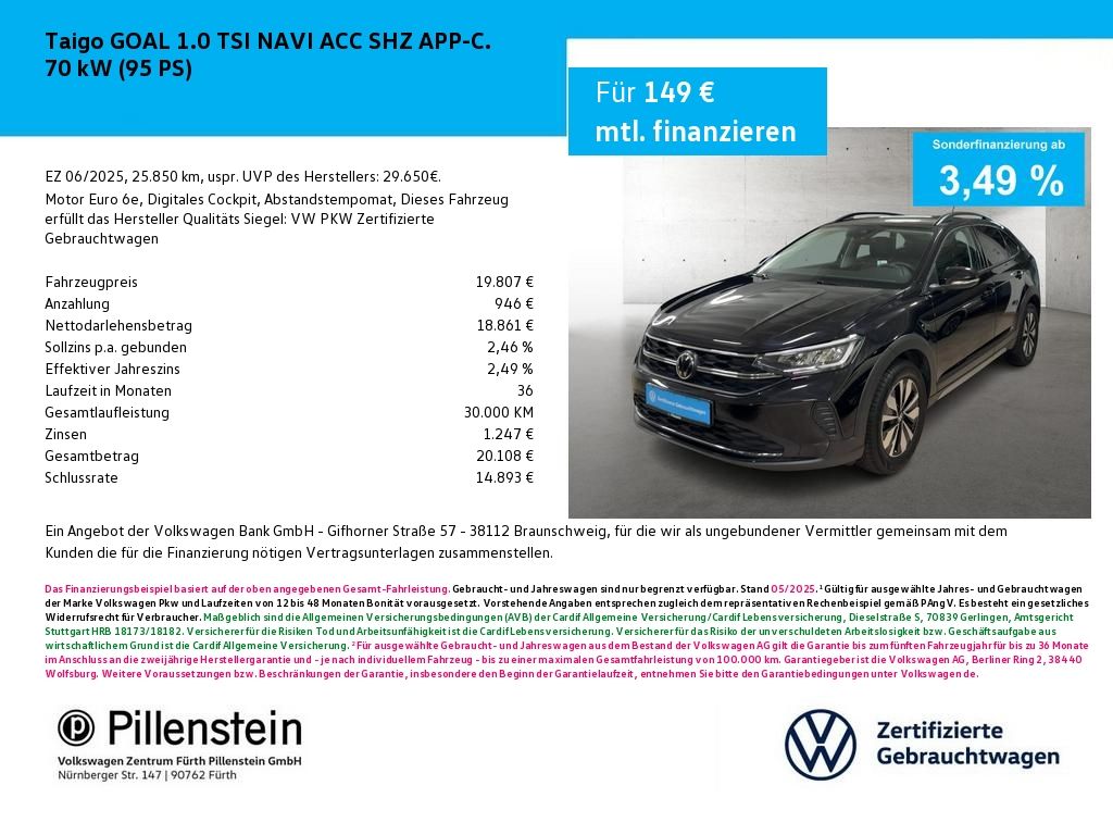 Volkswagen Taigo GOAL 1.0 TSI NAVI ACC SHZ APP-C.