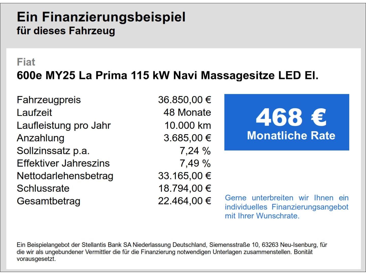 Fiat 600e MY25 La Prima 115 kW Navi Massagesitze LED 