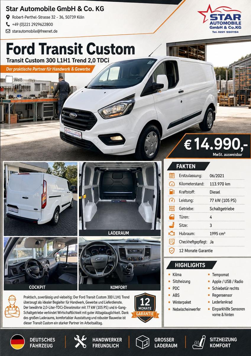 Ford Custom Kasten 300 L1H1 Trend PDC ABS EU6, миниатюра 2