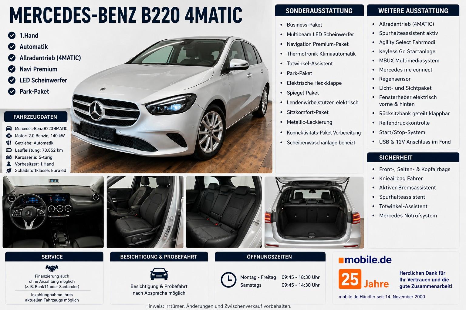 Mercedes-Benz B 220 4Matic MULTIBEAM.NAVI.AHK.ACC.AUTO.KAMERA