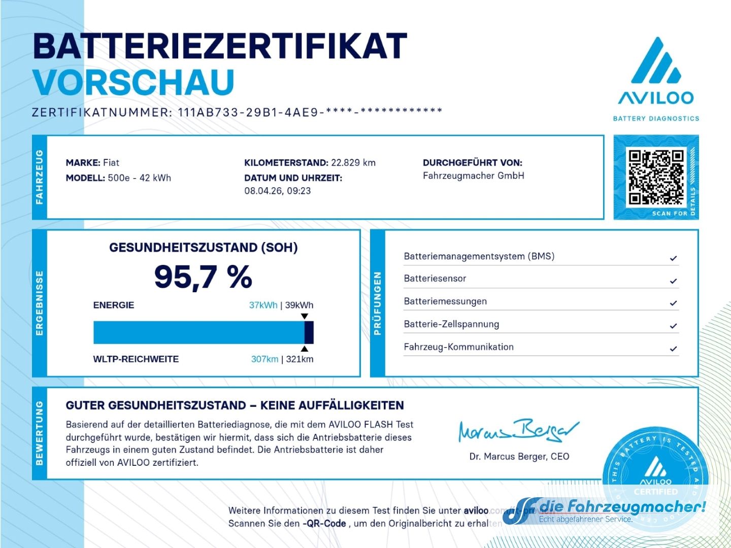 Fahrzeugabbildung Fiat 500 e Icon Navi Memory Sitze Apple CarPlay Andro