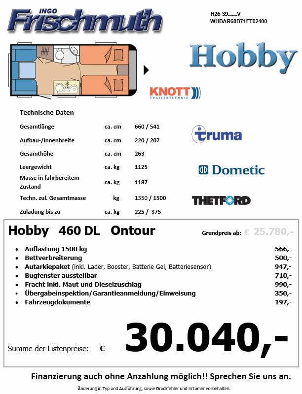 Hobby OnTour 460 DL Auflastung, Movervorber,Bugfenster