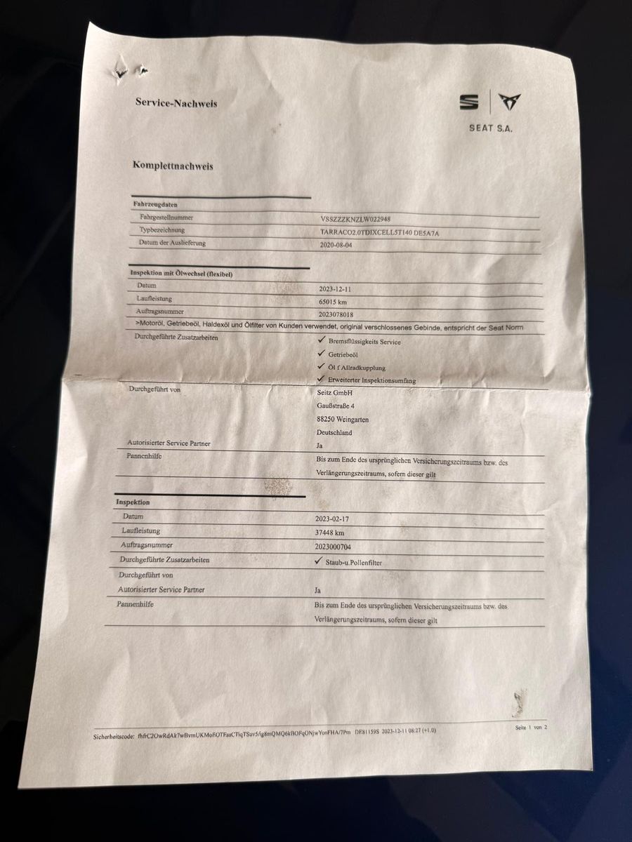 Fahrzeugabbildung SEAT Tarraco Xcellence 4Drive/ SCHECKHEFT/AHK/BEATS