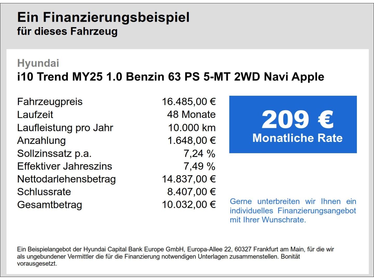 Fahrzeugabbildung Hyundai i10 Trend 1.0 Benzin 63 PS 5-MT 2WD Navi Apple C