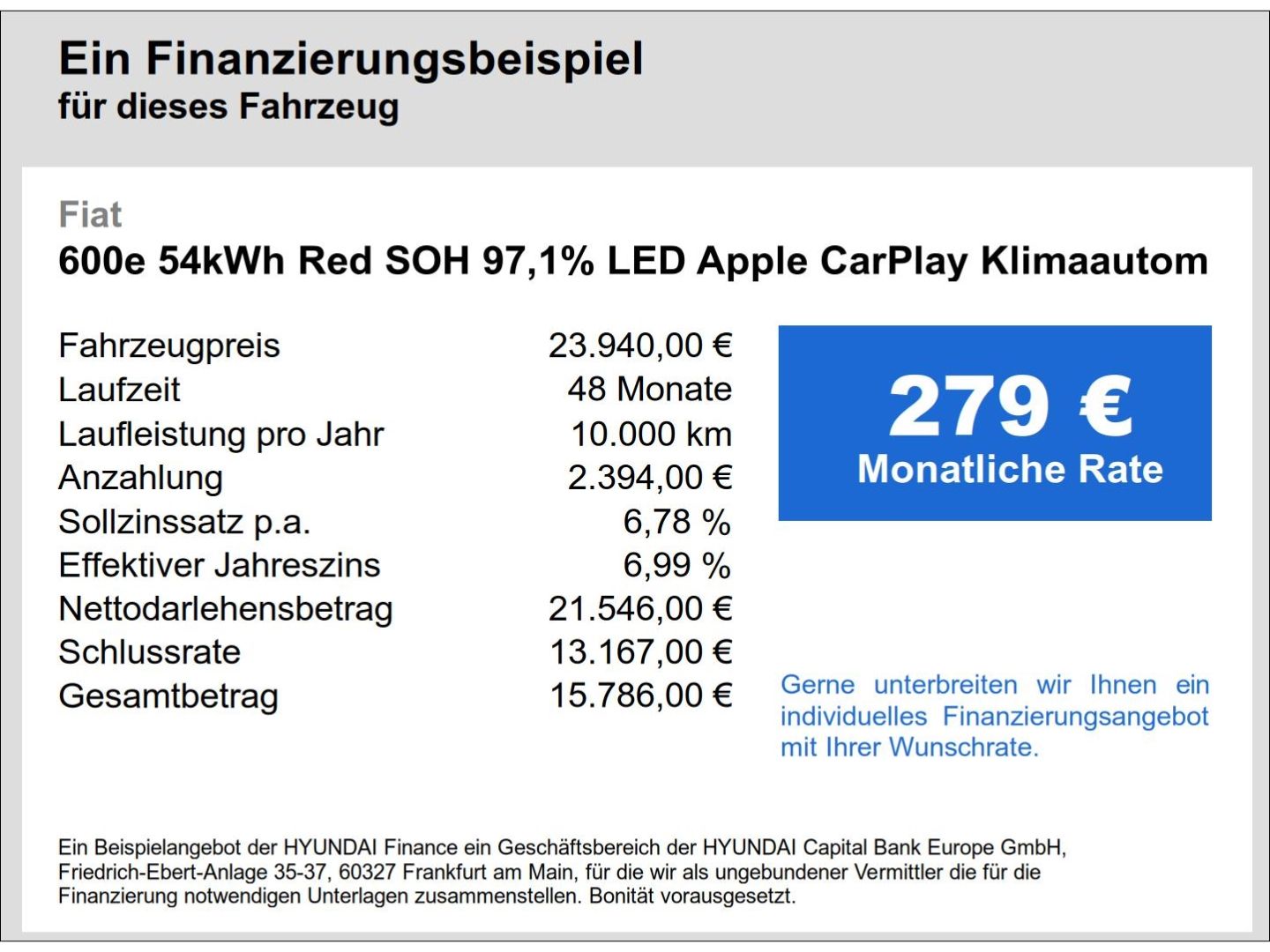 Fahrzeugabbildung Fiat 600e 54kWh Red SOH 97,1% LED Apple CarPlay Klima