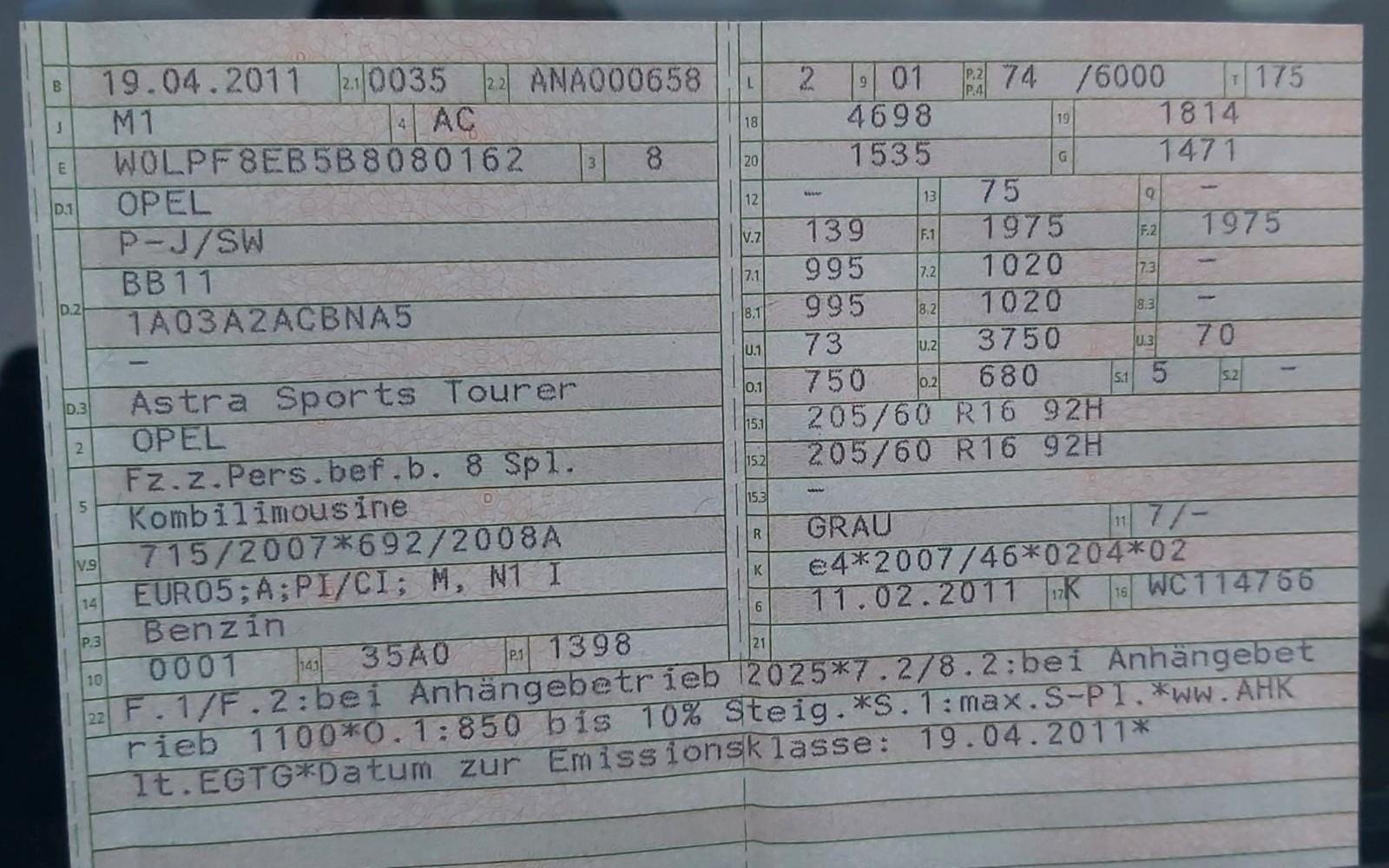 Opel Astra 2011 — engine 1.398 cm³, 101 HP (74kW)