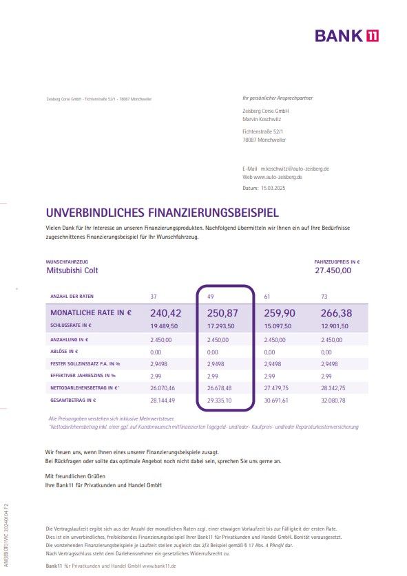 Fahrzeugabbildung Mitsubishi Colt MY25 1.6 Benziner Hybrid SELECT Auto LED