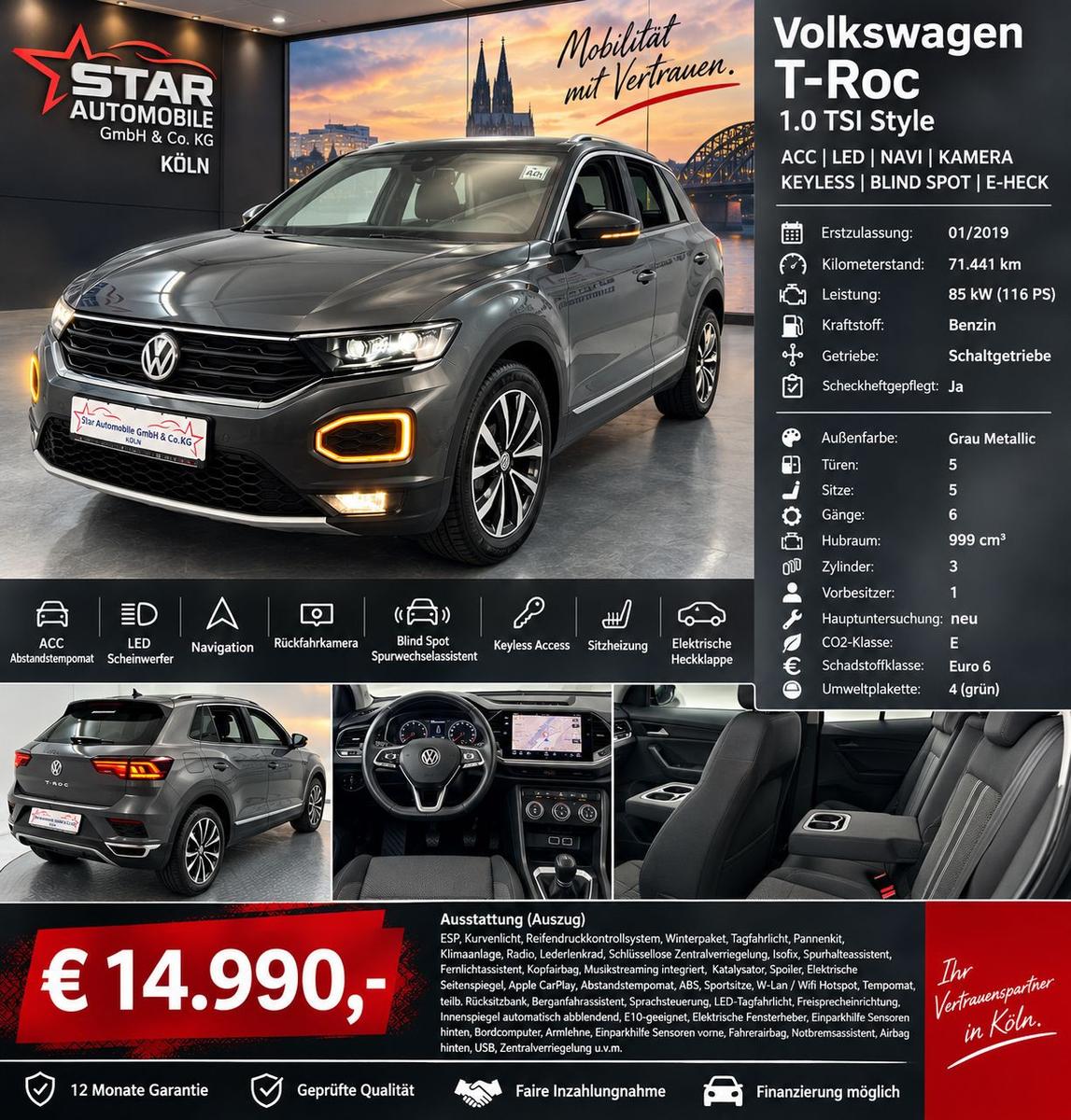 Volkswagen T-Roc Style 1,0TSI 85KW Blue Motion KAMERA NAVI