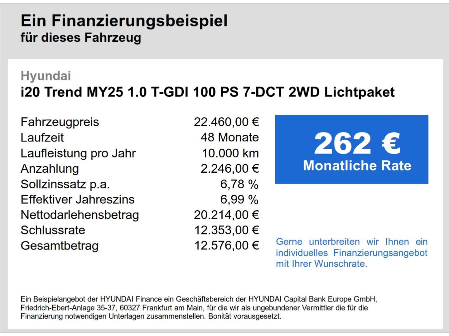 Fahrzeugabbildung Hyundai i20 Trend MY25 1.0 T-GDI 100 PS 7-DCT 2WD Lichtp