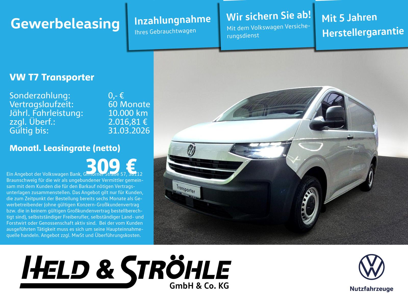 Volkswagen T7 Transporter Kasten 2.0 TDI AHK KLIMA !AKTION!