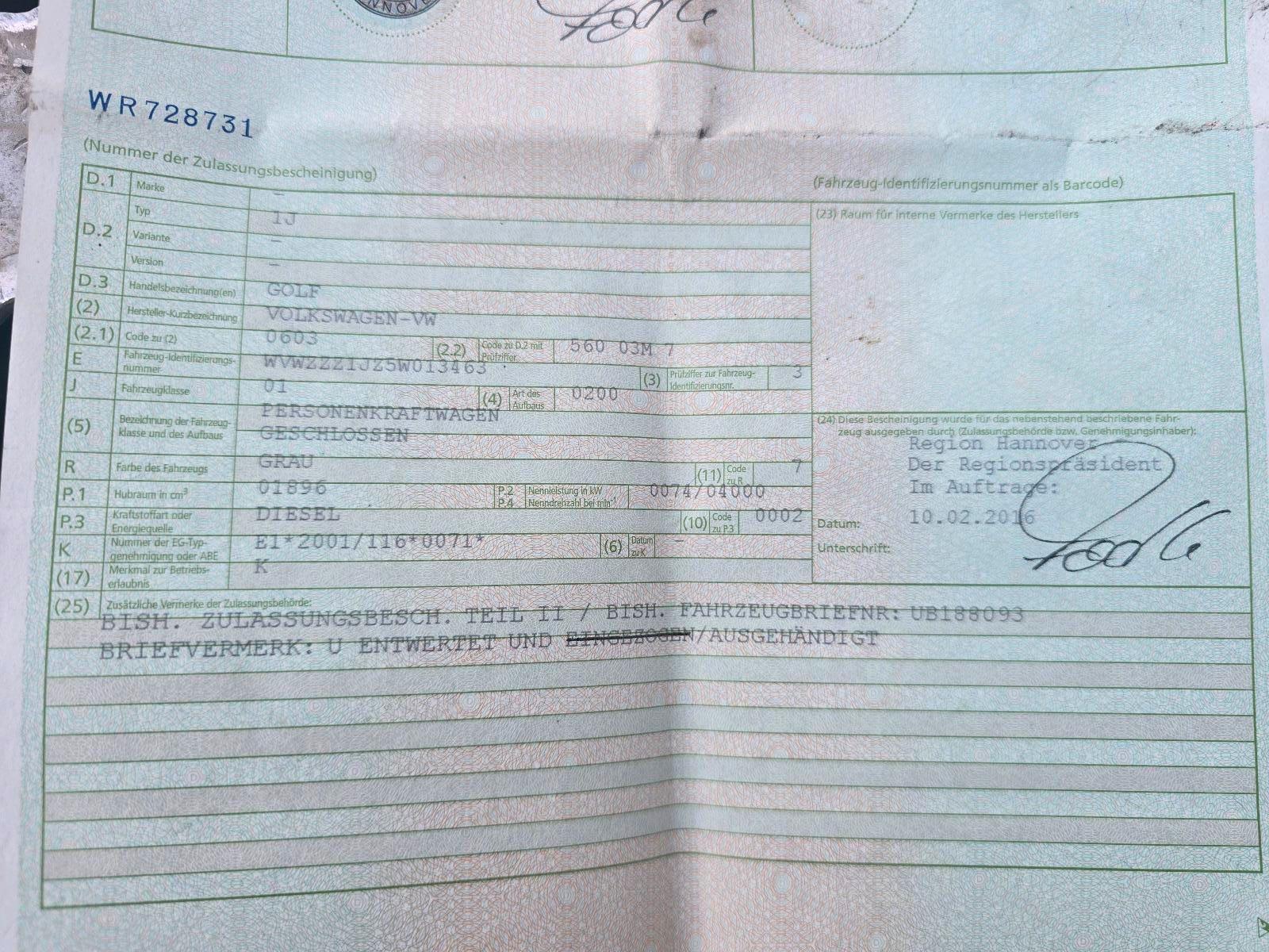 Volkswagen Golf 2004 — двигун 101 HP (74kW)