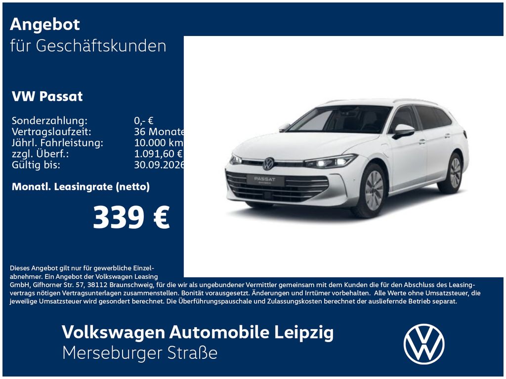 Abbildung Leasingangebot Volkswagen Passat Business 1.5 TSI eHybrid 110 kW