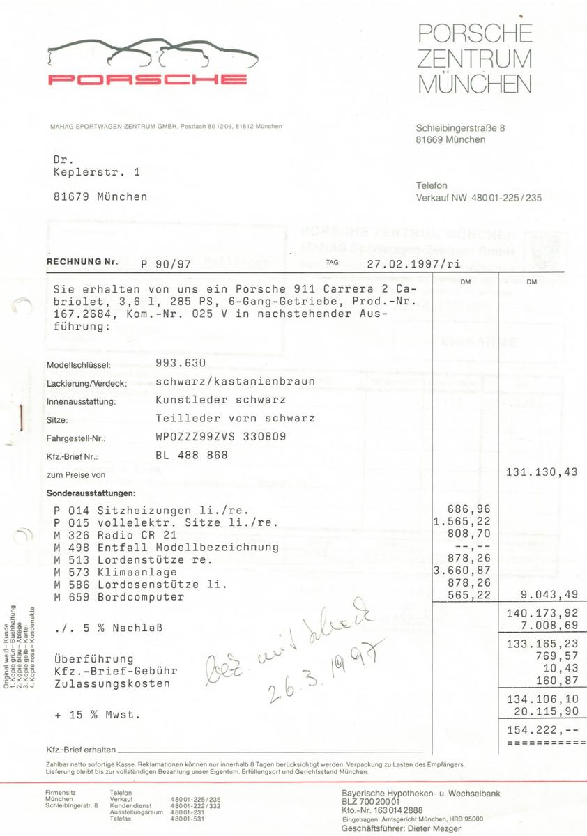 Porsche 993 C2 Cabrio 6-Gg.- 1.dt. Hd. PZ-Scheckheft