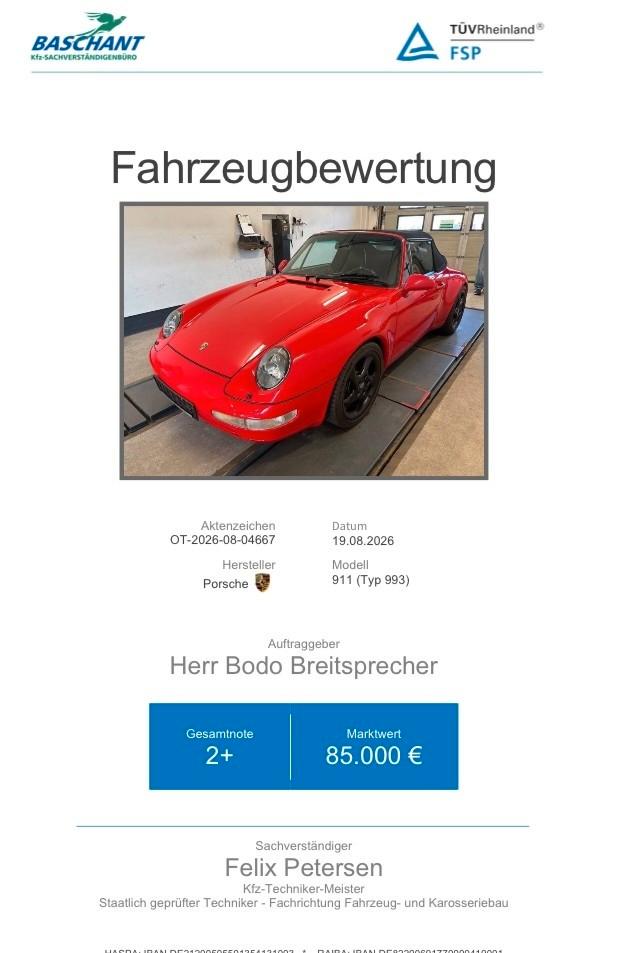 Porsche 993 Carrera Cabriol, 286 PS, M419!!  Erstlack