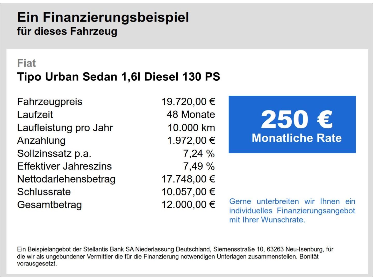 Fahrzeugabbildung Fiat Tipo Urban Sedan 1,6l Diesel 130 PS
