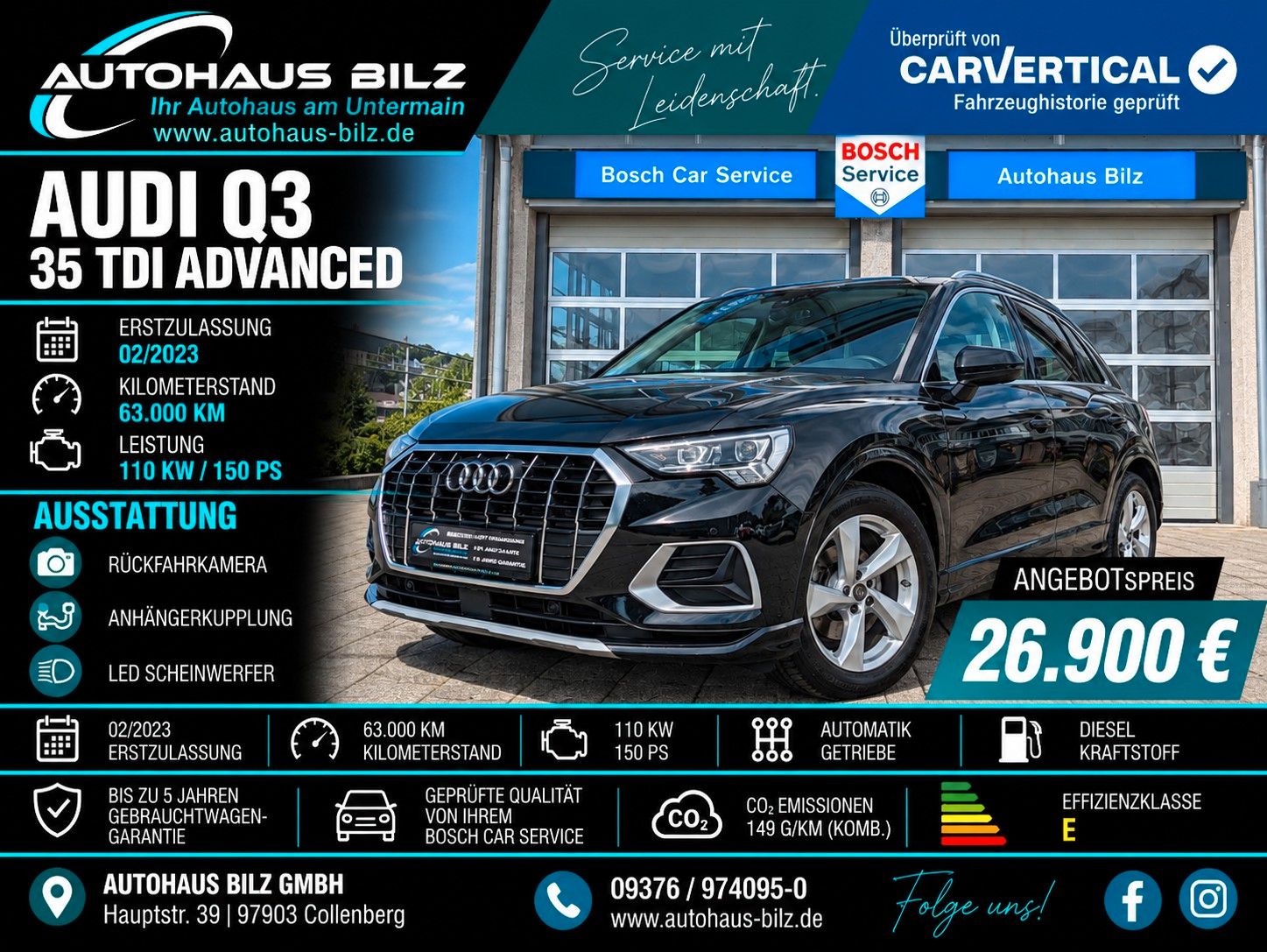 Gebrauchtwagen Audi Q3 Q3 35 TDI advanced*AHK*Kamera*Navi*Automatik* in Würzburg