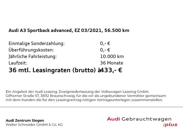 Audi A3 Sportback 40 TFSI e advanced AHK Navi 17" SHZ