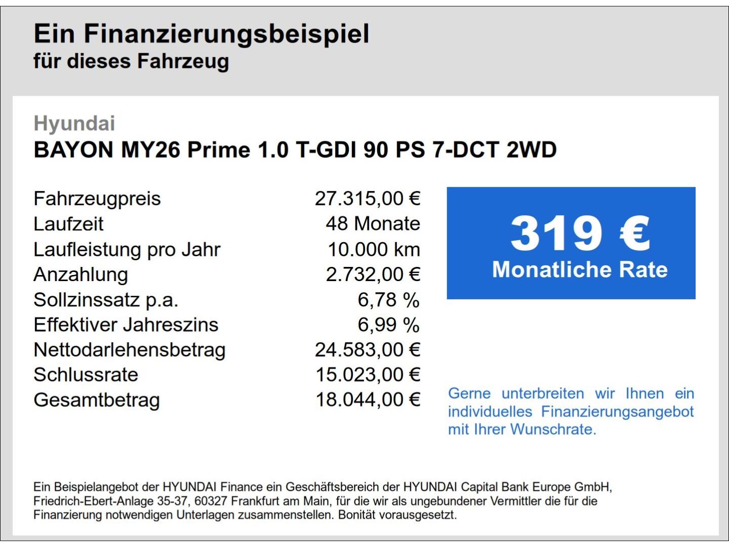 Fahrzeugabbildung Hyundai BAYON MY26 Prime 1.0 T-GDI 90 PS 7-DCT 2WD Sound