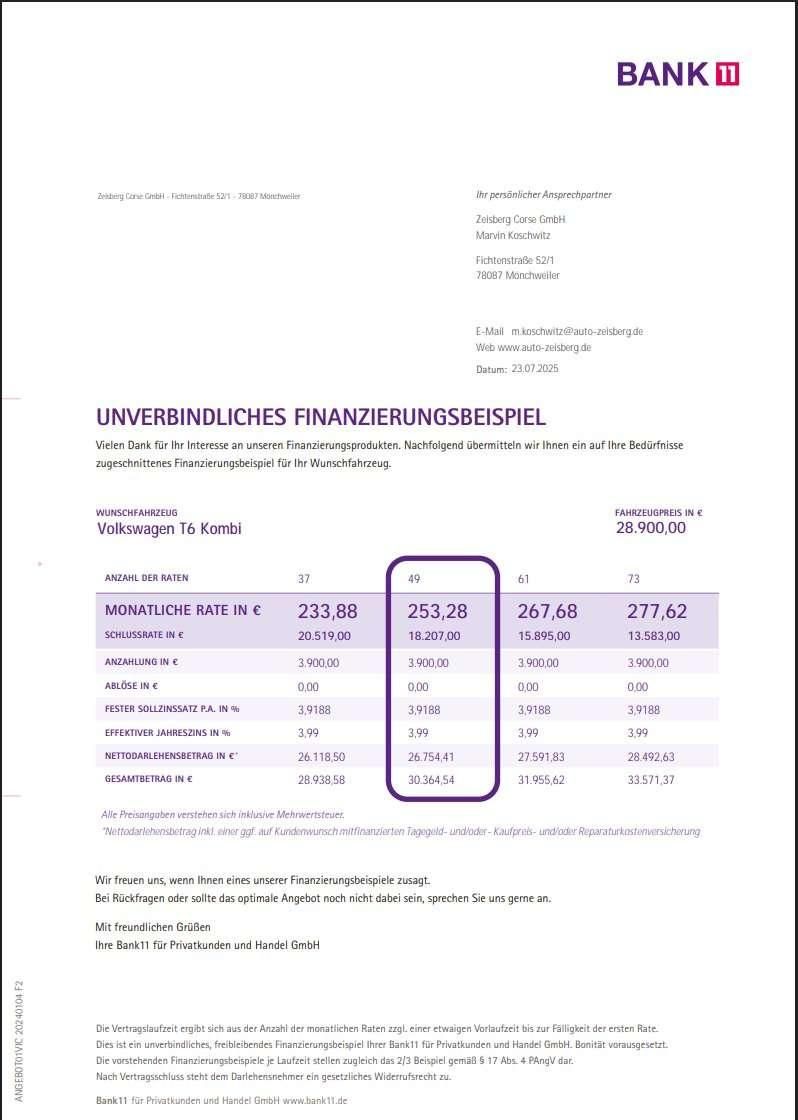 Fahrzeugabbildung Volkswagen T6 Transporter Kasten Kombi 4 Motion 9 Sitzer