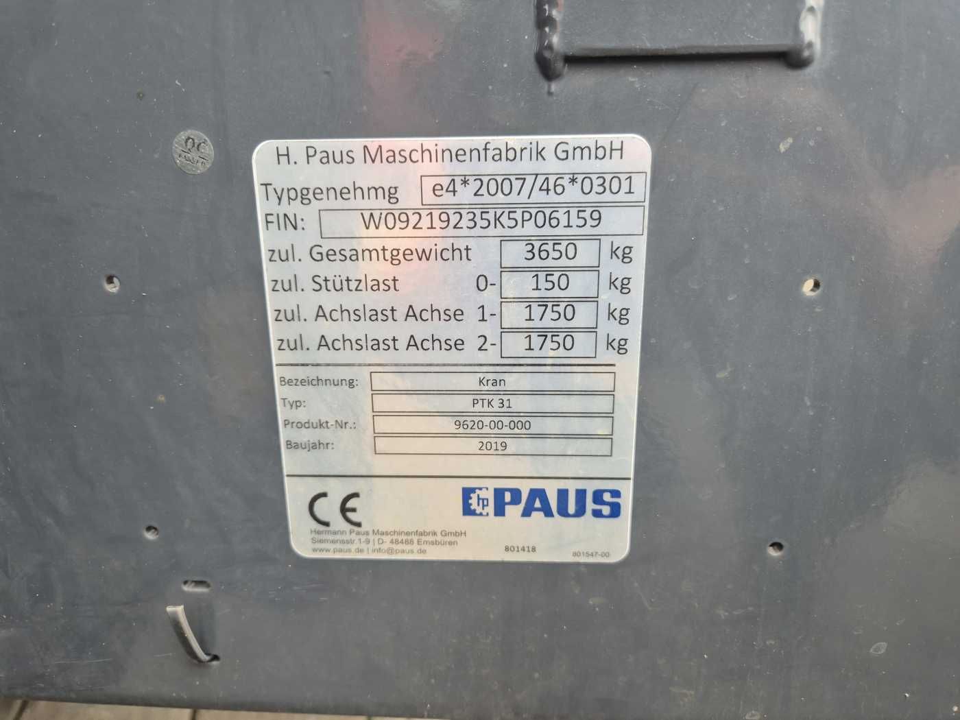 Fahrzeugabbildung Andere Paus PTK 31 Krananhänger Funk 1.602 Betriebsstun