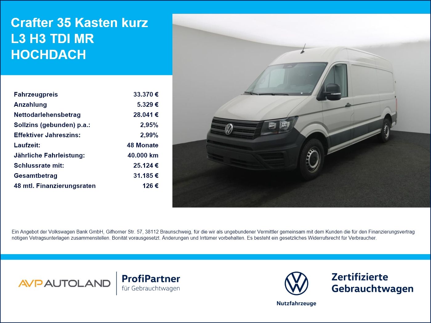 Volkswagen Crafter 35 Kasten kurz L3 H3 TDI MR HOCHDACH