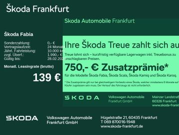 Skoda Leasingangebot: Skoda Fabia Essence 1,0 TSI 70 kW 5-Gang-Schaltgetrieb