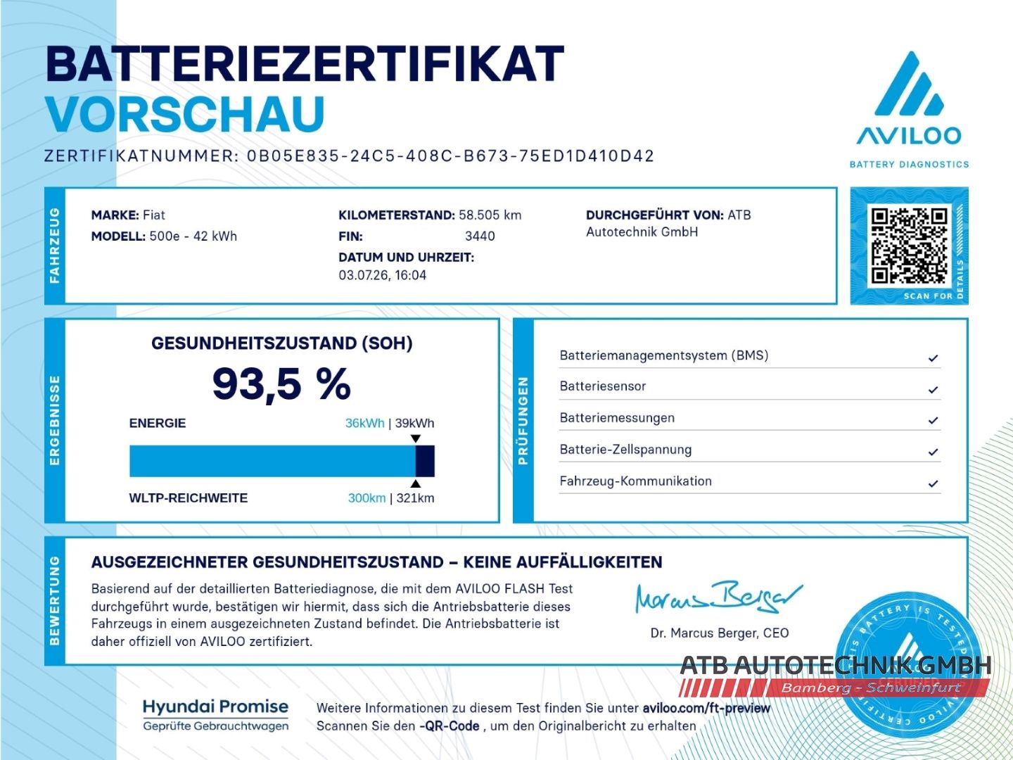 Fahrzeugabbildung Fiat 500e Komfortpaket 42kWh 93,5% SOH Apple CarPlay