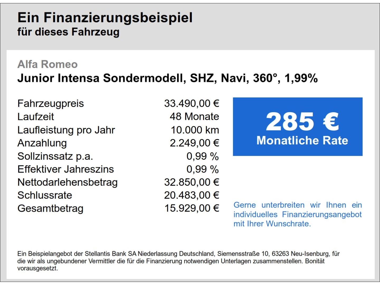 Fahrzeugabbildung Alfa Romeo Junior Intensa Sondermodell, SHZ, Navi, 360°, 1,
