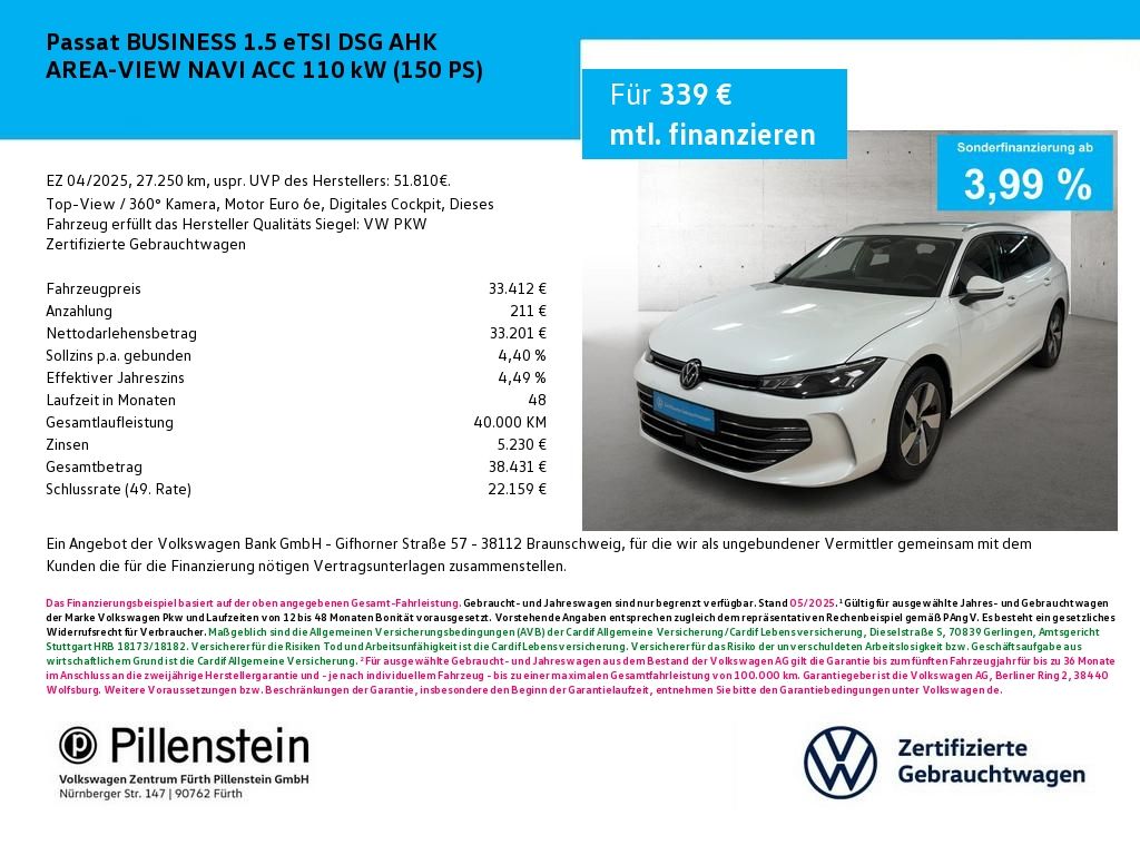 Volkswagen Passat BUSINESS 1.5 eTSI DSG AHK AREA-VIEW NAVI