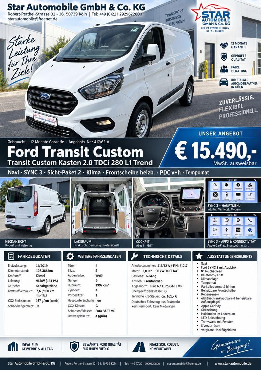 Ford Transit Custom Kasten 2.0 TDCi  280 L1H1 EU6dT