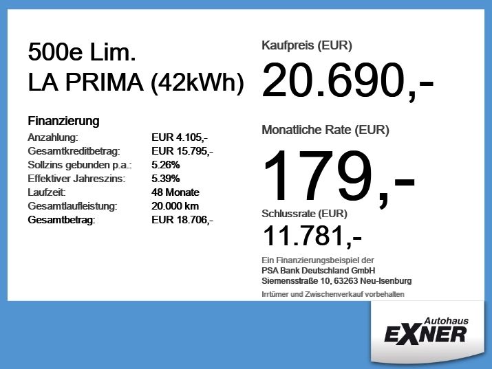 Fiat 500e Lim. LA PRIMA (42kWh) ACC+LED+Navi+Pano imagem 3