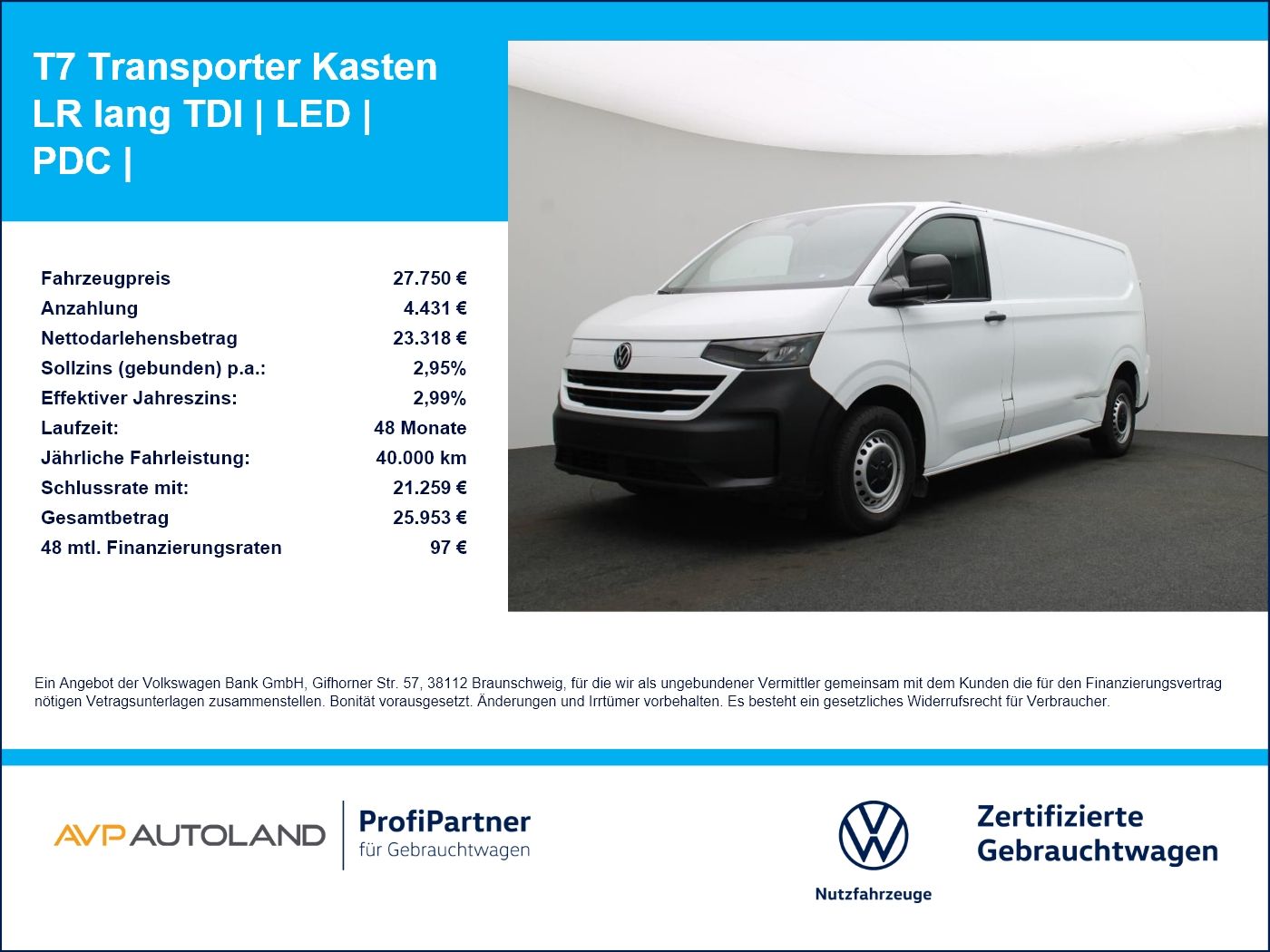 Volkswagen T7 Transporter Kasten LR lang TDI | LED | PDC |