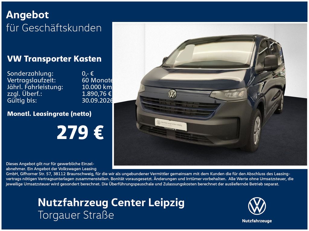 Abbildung Leasingangebot Volkswagen Transporter Kasten TDI 110kW Preisvorteil 9292€