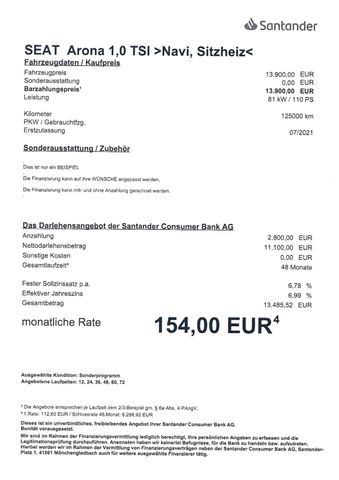 Fahrzeugabbildung Seat Arona 1,0 TSI Style >NAV/SHZ/PDC/FullLink<