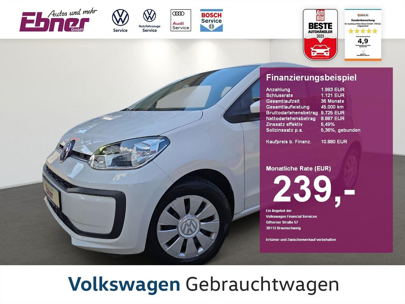 VW up! MOVE UP! 4-TÜRER KLIMA+BLUETOOTH+NAVI-VB+ZV-