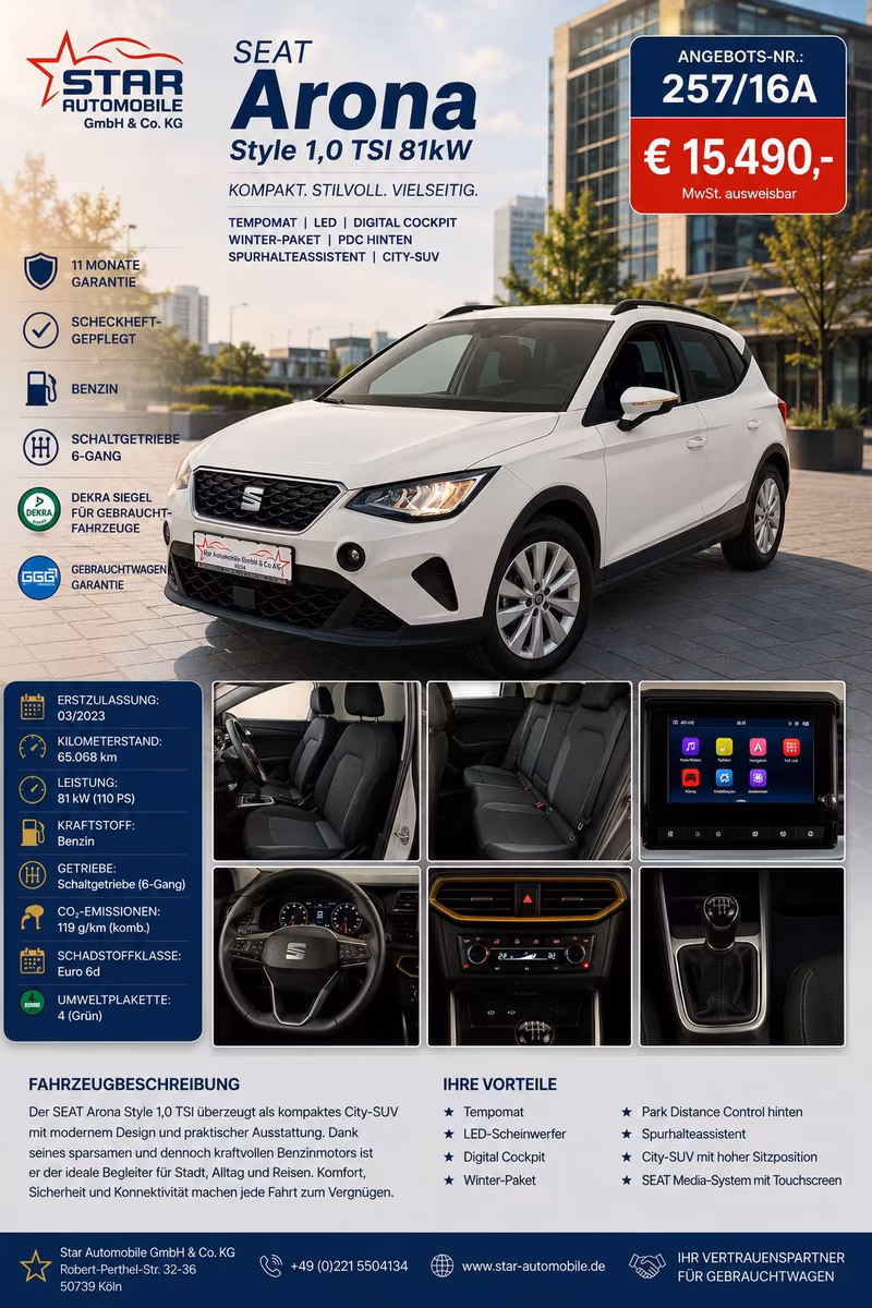 SEAT Arona Style 1,0TSI 81kW CarPlay NAVI TEMP SH EU6, миниатюра 2