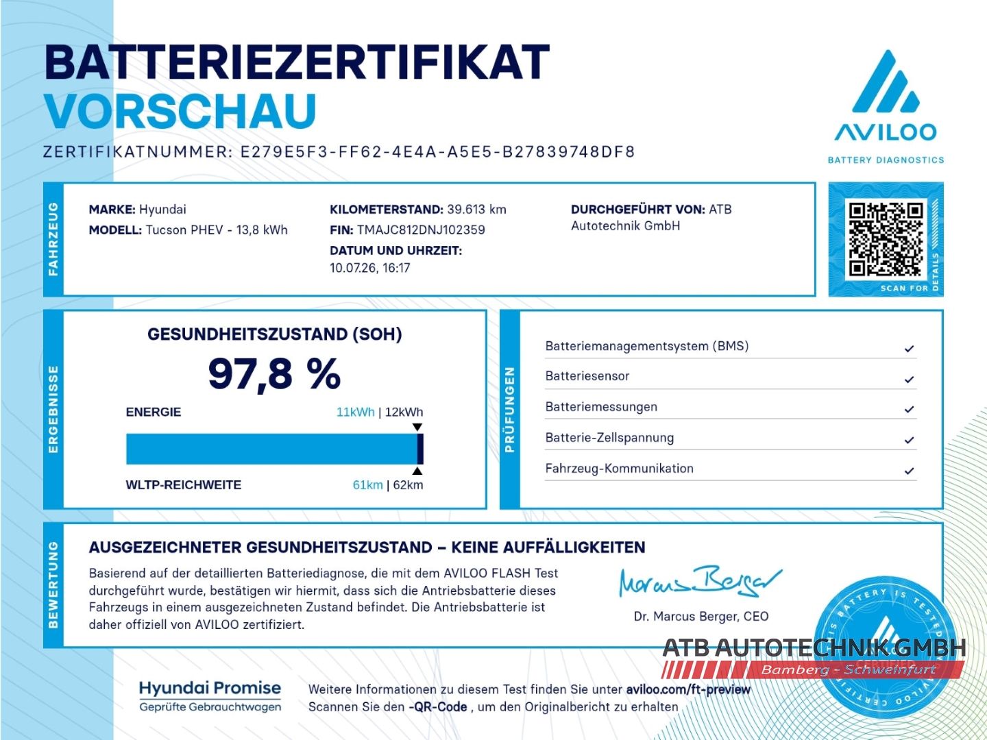 Fahrzeugabbildung Hyundai Tucson PHEV 1.6 T-GDi 4WD 97,8% SOH Funkions- /L