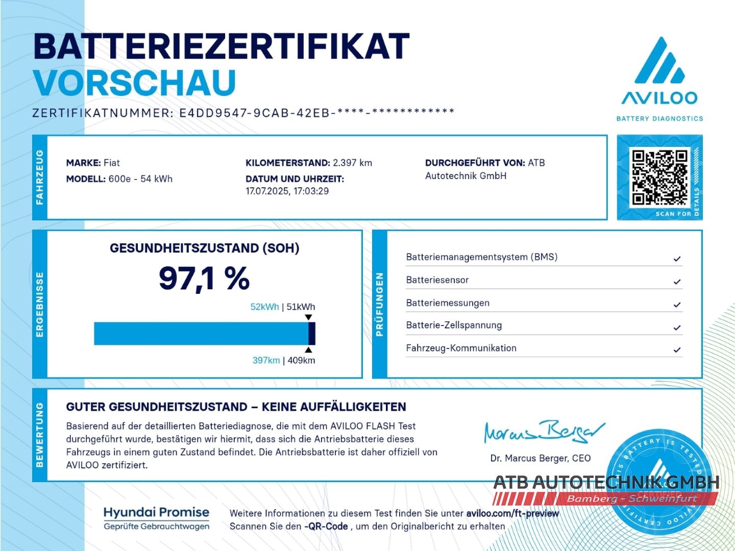 Fahrzeugabbildung Fiat 600e 54kWh Red SOH 97,1% LED Apple CarPlay Klima