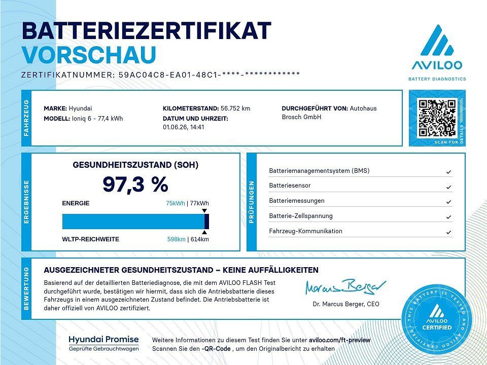 Fahrzeugabbildung Hyundai IONIQ 6 77kWh TECHNIQ PARK-P 1HD AVILOO-97%-SOH