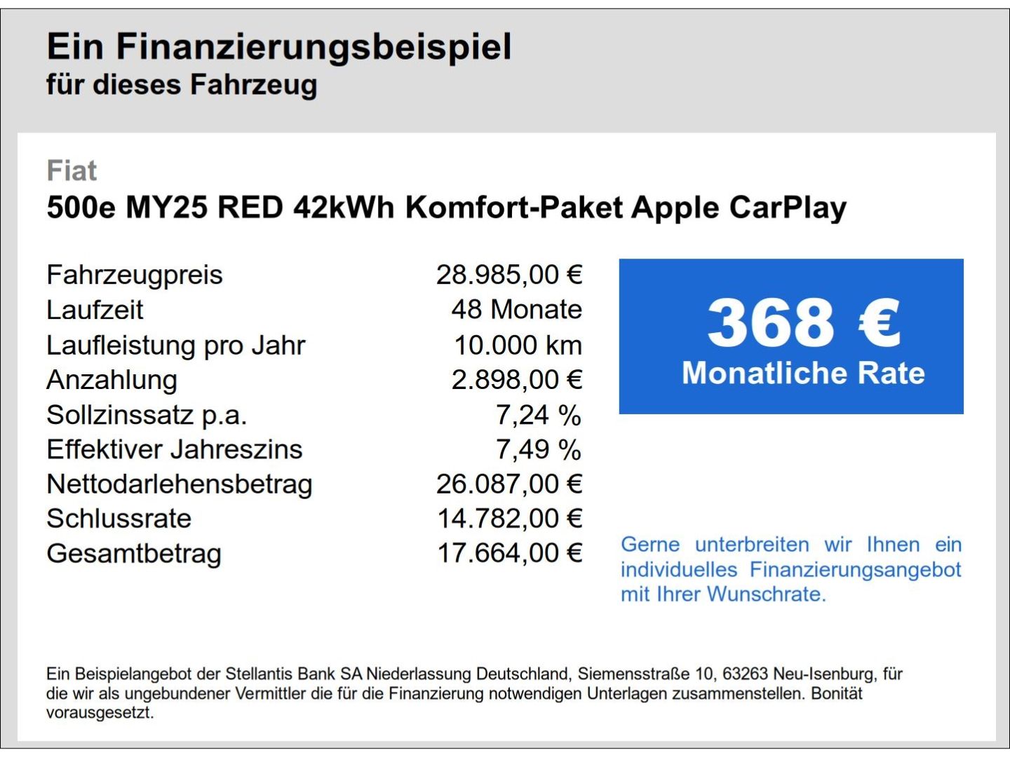 Fahrzeugabbildung Fiat 500e MY25 RED 42kWh Komfort-Paket Apple CarPlay